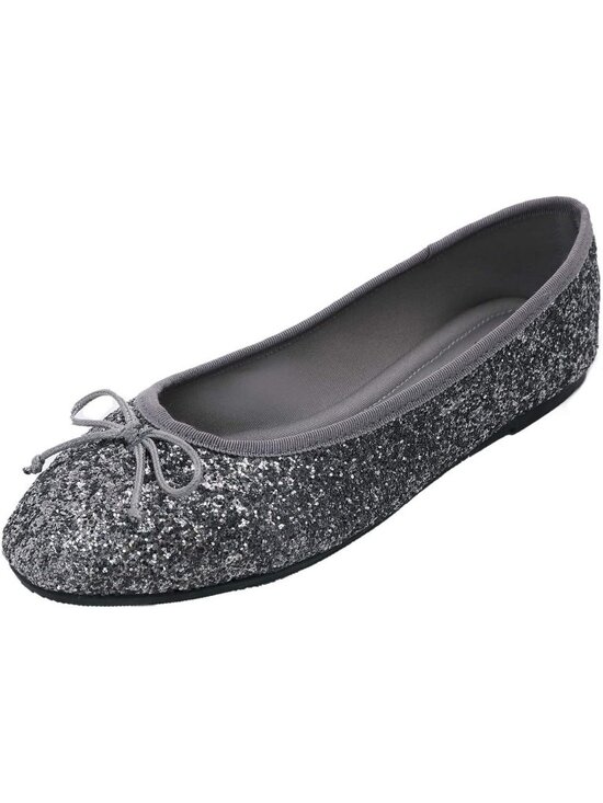 Shoes - Women's Glitter Pewter Memory Foam Cushion Insock Pointed Toe Patent Ballet Flat